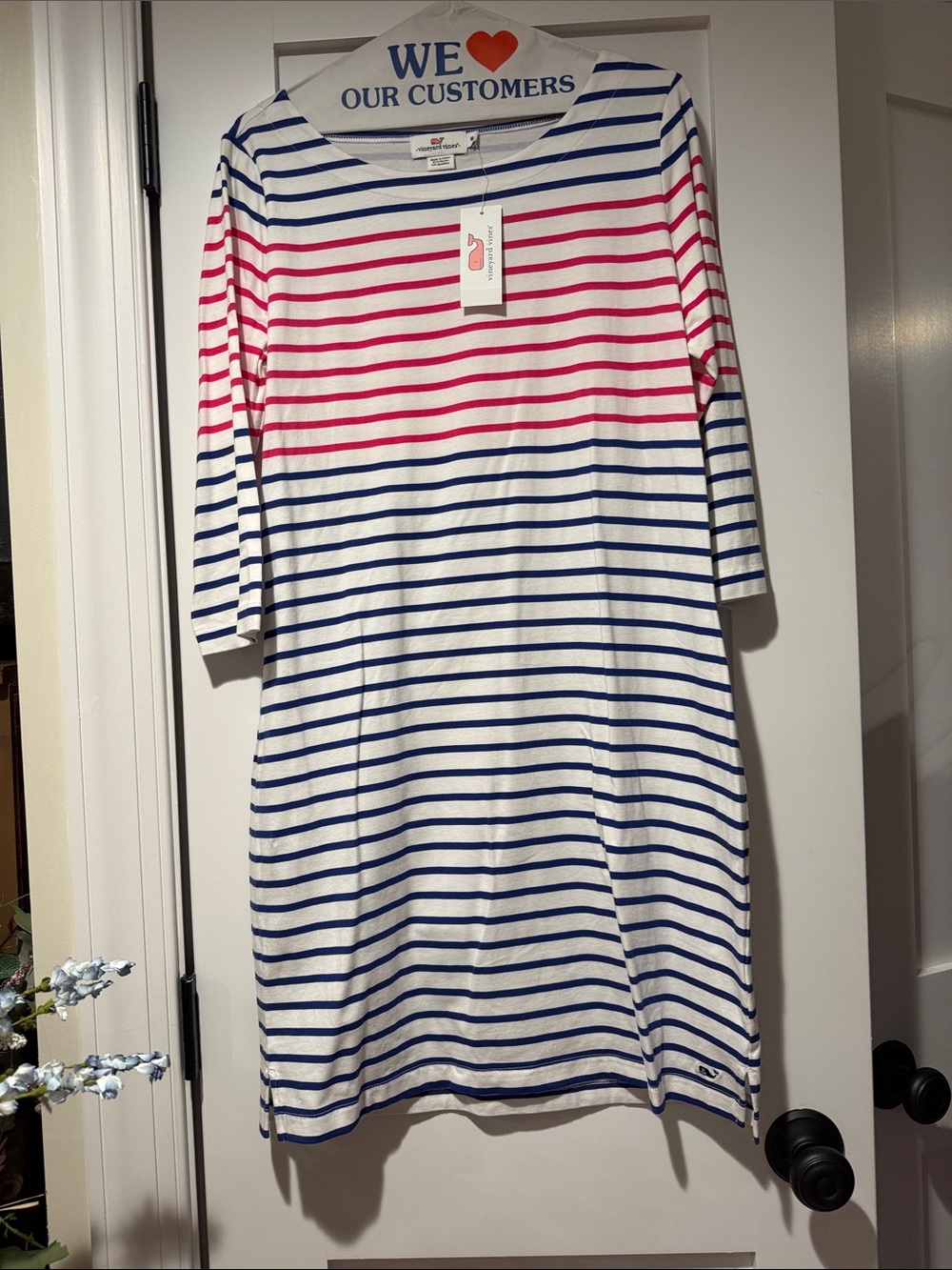 Vineyard Vines White Dress with Navy & Pink Stripes